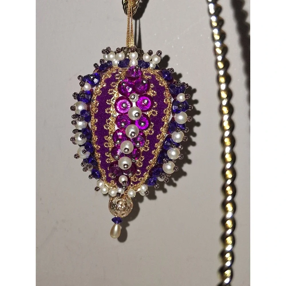 Vintage Handmade Beaded Finial Christmas Ornament Purple Gold Faux Pearl Jeweled